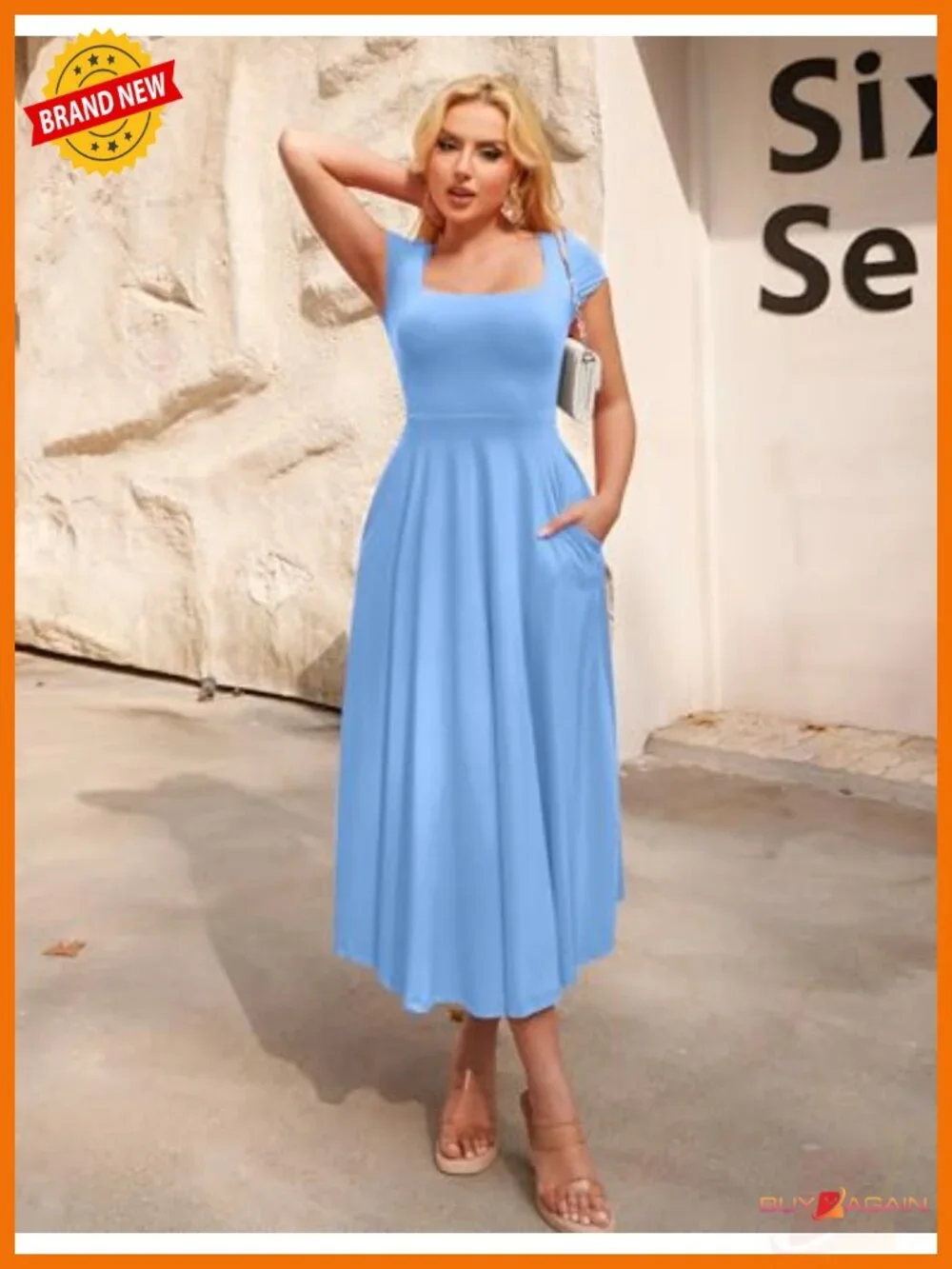 Women's Square Neck Short Sleeve Flowy Long Dress with Pockets